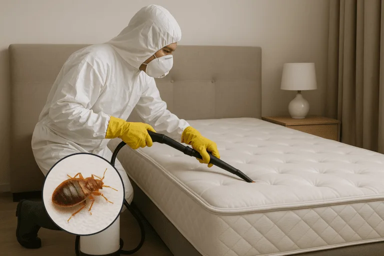 Technicien pulvérisant un traitement anti-punaises dans une chambre infestée à Pontorson