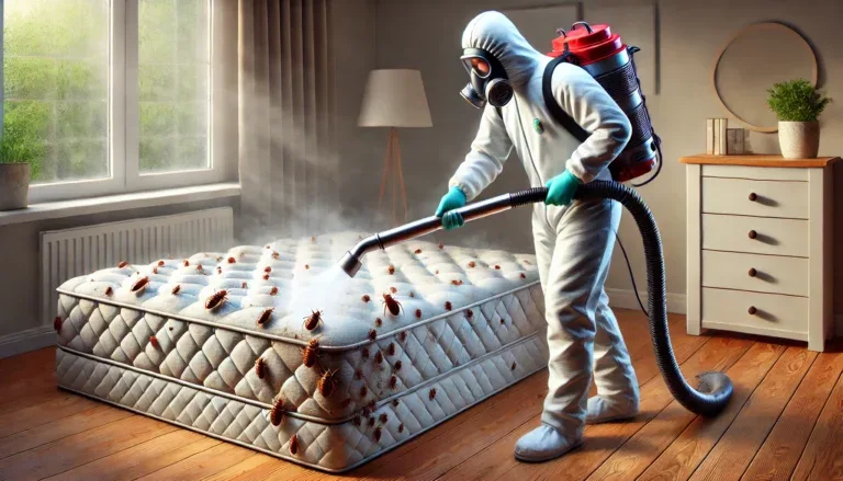 Un technicien professionnel équipé effectue un traitement thermique sur un matelas infesté de punaises de lit.