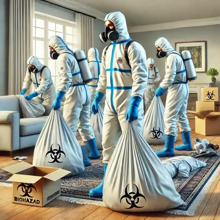 Des techniciens en équipement de protection retirent et éliminent des matériaux contaminés d'une maison après un décès.