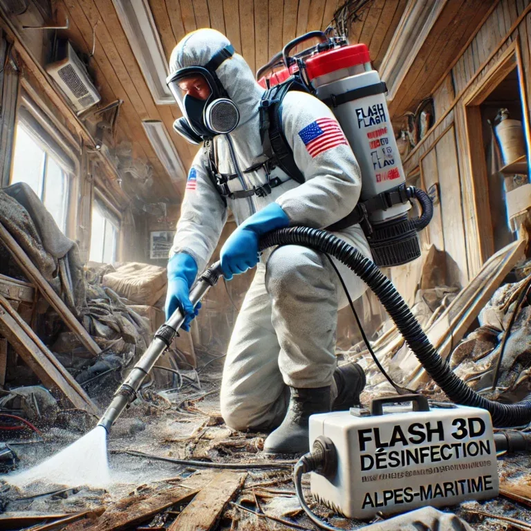 Un technicien de Flash 3D Désinfection en pleine action lors d'une intervention de nettoyage extrême dans les Alpes-Maritimes.