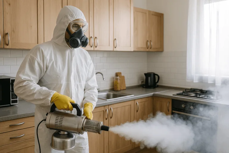 Une cuisine résidentielle en cours de traitement contre une infestation d’insectes rampants à Saint-Lunaire