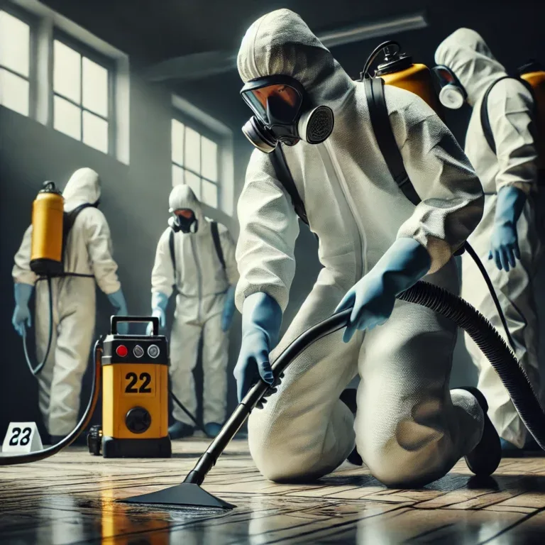 Équipe de professionnels nettoyant une scène de crime avec un équipement spécialisé.