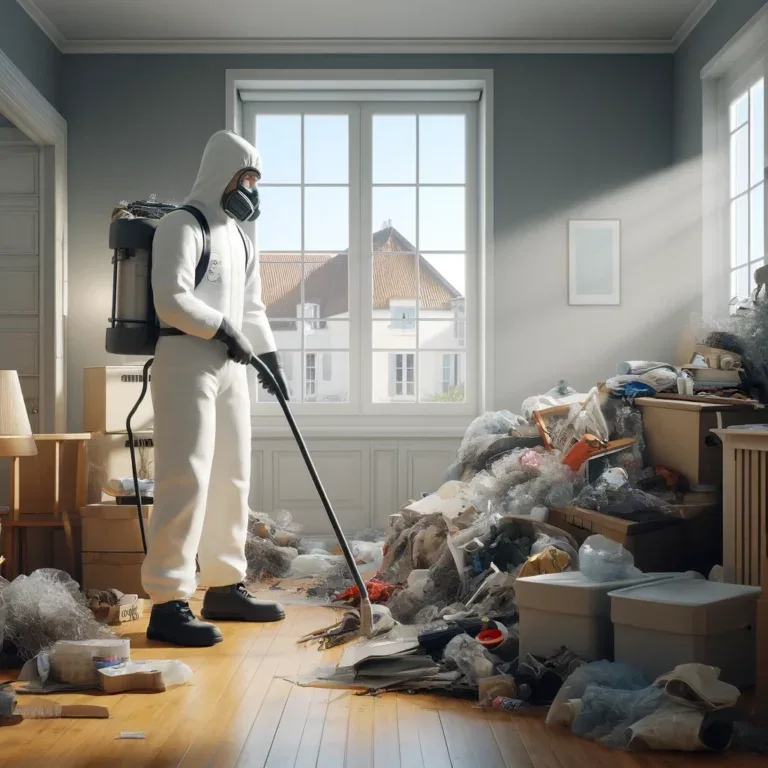 Technicien nettoyant un appartement après syndrome de Diogène à Mont-Saint-Aignan.