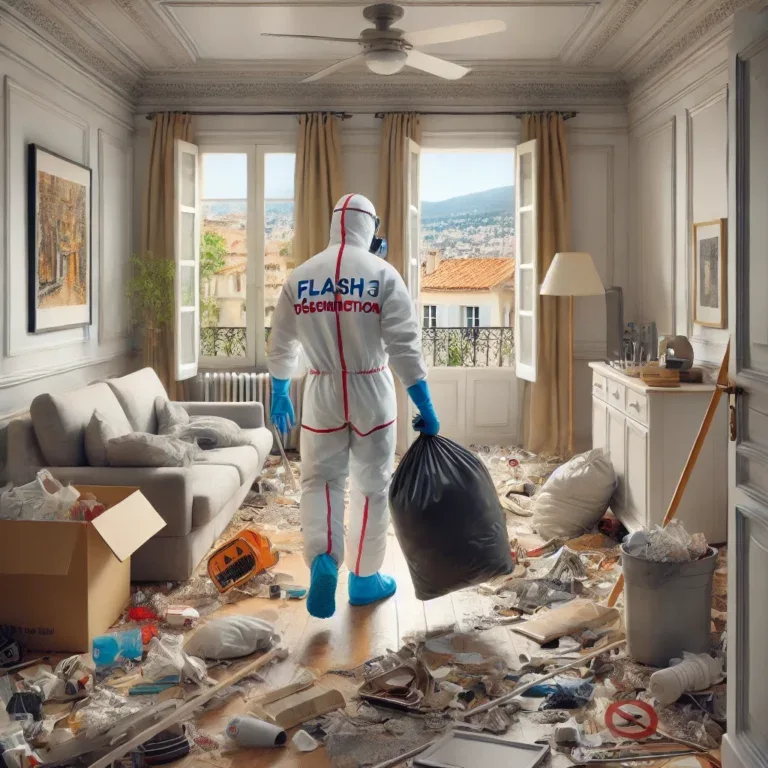 Un technicien de Flash 3D Désinfection en tenue de protection évacue des déchets dans un appartement à Vence après un syndrome de Diogène.