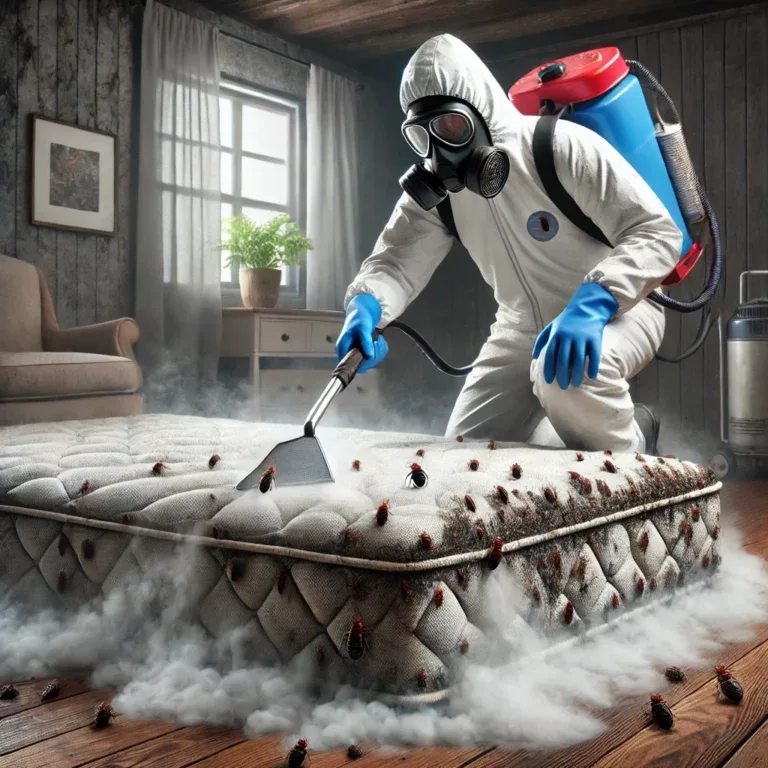 Un expert en désinsectisation appliquant un traitement écologique contre les punaises de lit dans une chambre.
