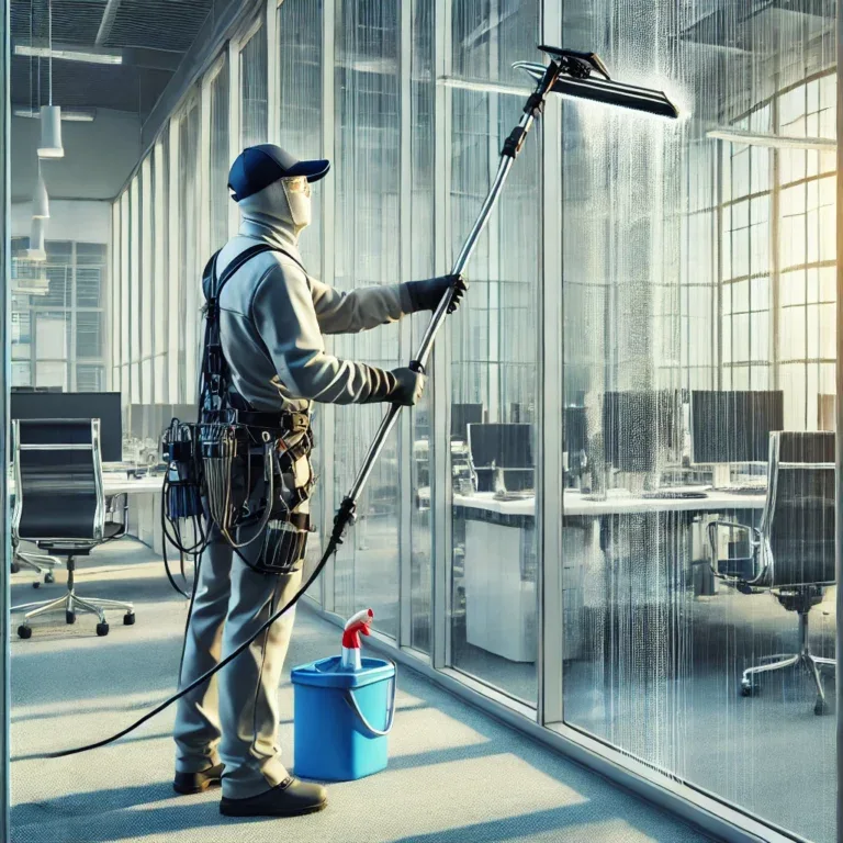 Photo d’un agent de nettoyage utilisant un équipement professionnel pour laver les vitres d’un bureau.