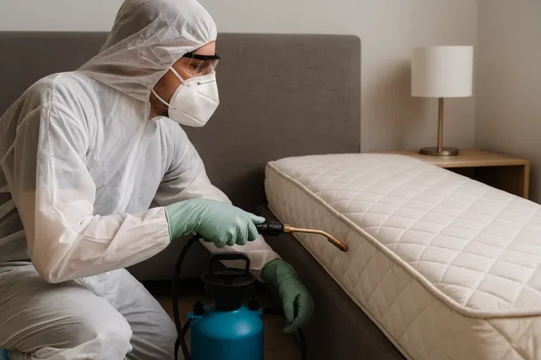 Technicien en traitement anti-punaises de lit intervenant dans une chambre à Saint-Malo