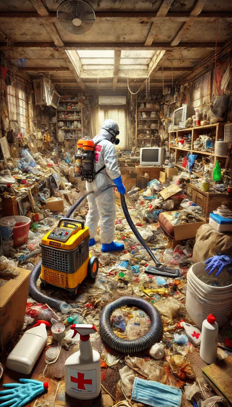 Illustration d'un professionnel en tenue de protection effectuant un nettoyage dans une pièce encombrée liée au syndrome de Diogène.