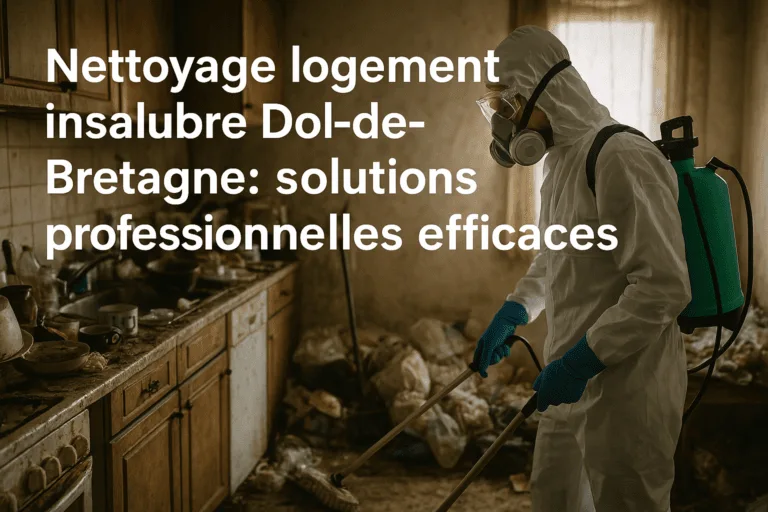 Agent de nettoyage en combinaison intégrale désinfectant une cuisine très sale à Dol-de-Bretagne