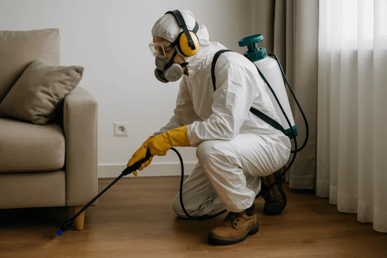Technicien en désinsectisation appliquant un insecticide dans un salon à Dol-de-Bretagne avec pulvérisateur dorsal