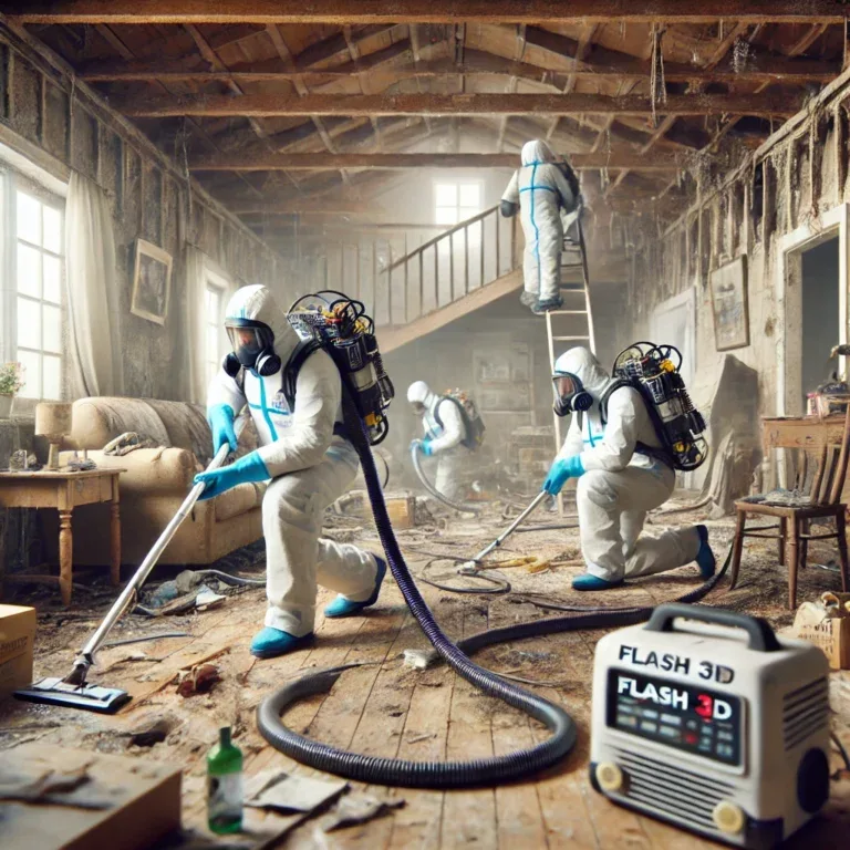 Équipe de Flash 3D Désinfection en pleine intervention dans une maison très sale.