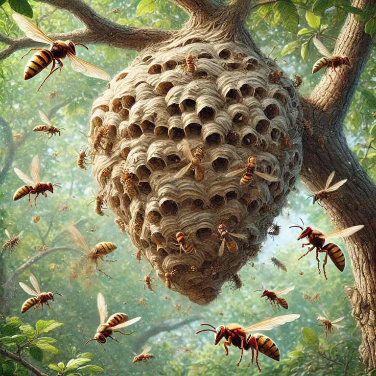 Un nid de frelons dans un arbre, avec des frelons volant autour.