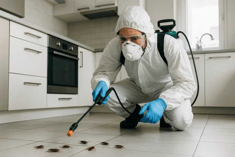 Technicien en désinsectisation pulvérisant un insecticide sous un évier dans une cuisine infestée de cafards à Dinard