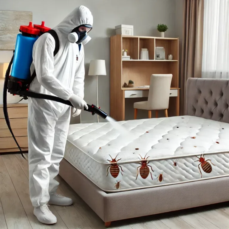 Une équipe de professionnels de la lutte antiparasitaire traitant une infestation de punaises de lit dans un appartement.