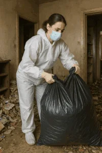 Femme en combinaison de protection et masque transportant un sac-poubelle rempli dans un logement insalubre à Longvic.