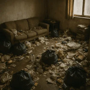 Salon encombré de sacs-poubelles, bouteilles en plastique et journaux accumulés dans un logement insalubre à Azur