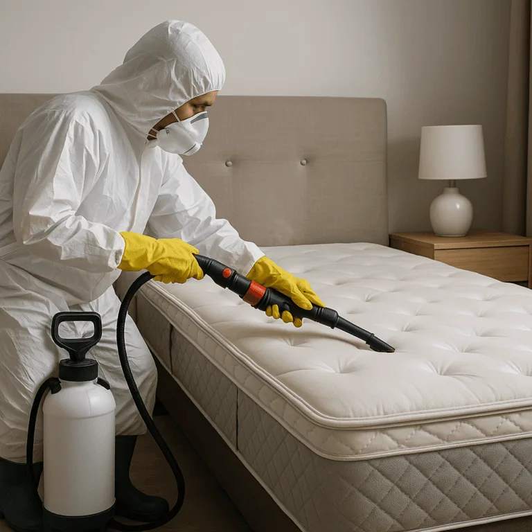 Technicien en combinaison blanche traitant un matelas contre les punaises de lit à l’aide d’un nettoyeur vapeur
