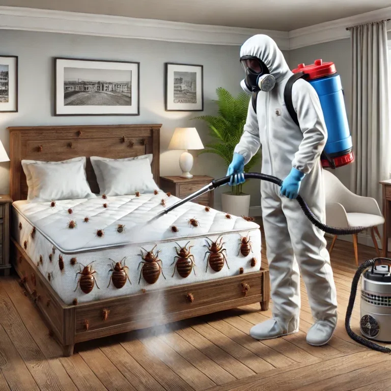 Illustration réaliste d'un technicien en lutte antiparasitaire traitant une chambre infestée par des punaises de lit à Cannes.