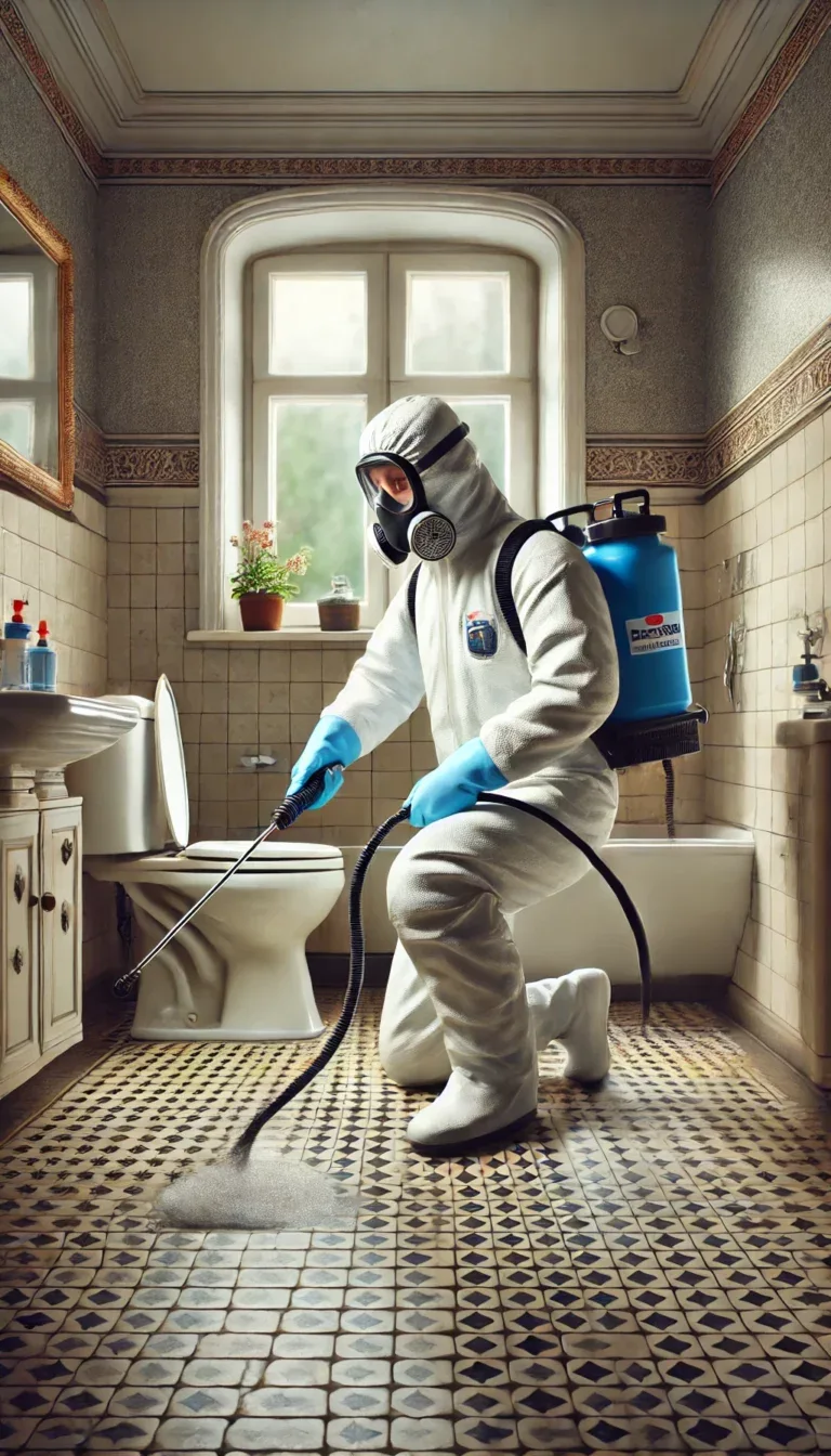 Illustration d'un professionnel en tenue de protection désinfectant une salle de bain négligée dans un logement affecté par le syndrome de Diogène.