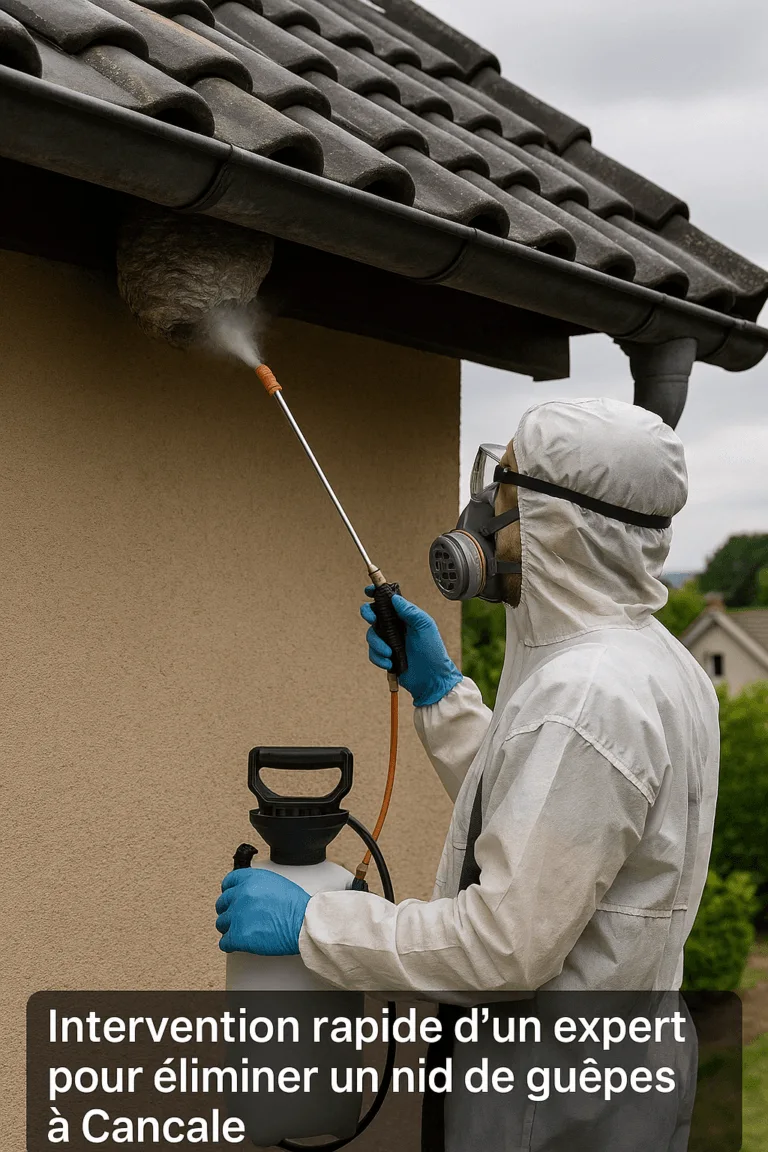 Un technicien en combinaison de protection traite un nid de guêpes avec une perche télescopique dans un jardin à Cancale