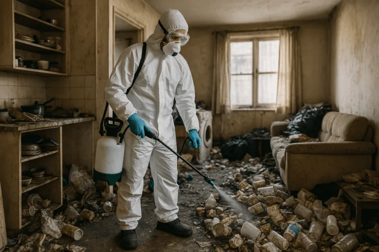 Nettoyeur professionnel désinfectant un appartement très sale à Saint-Coulomb avec un pulvérisateur