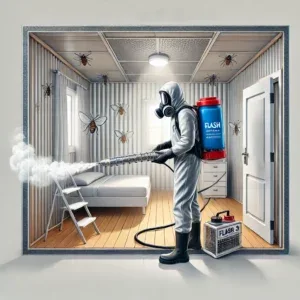 Un technicien applique un traitement par fumigation dans une pièce pour éliminer les nuisibles.
