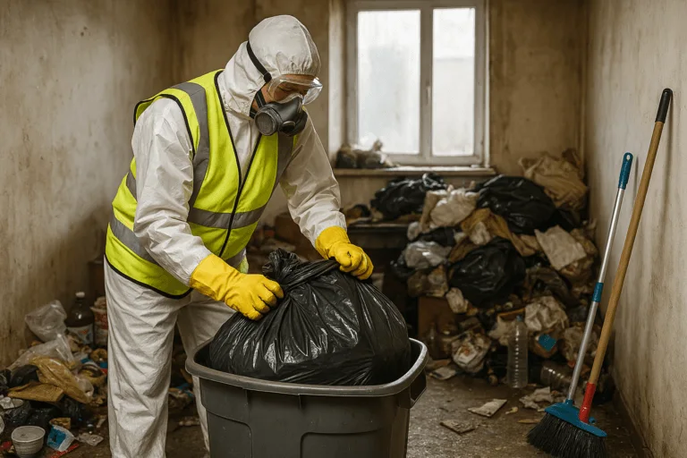 Équipe de nettoyage spécialisée évacuant des déchets dans un appartement insalubre à Pontorson