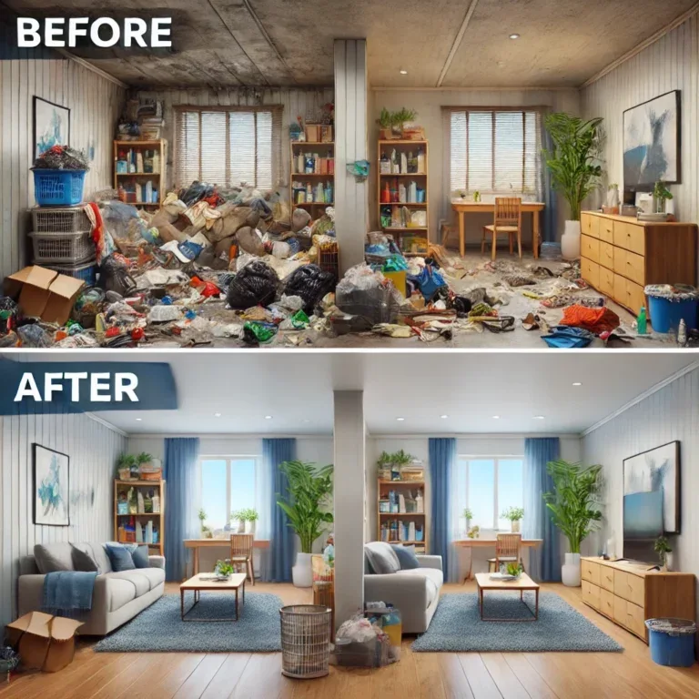Comparaison avant-après montrant un appartement en désordre transformé en un espace propre et organisé après un nettoyage professionnel lié au syndrome de Diogène.