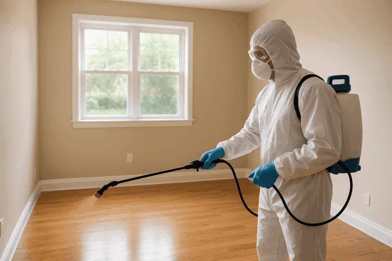 Technicien en combinaison blanche pulvérisant un désinfectant dans une pièce propre et lumineuse à Seignosse