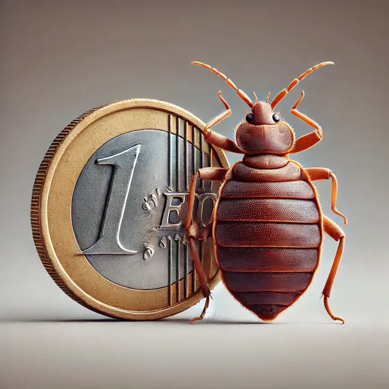 Illustration montrant une punaise de lit à côté d'une pièce de monnaie pour comparer leur taille relative.