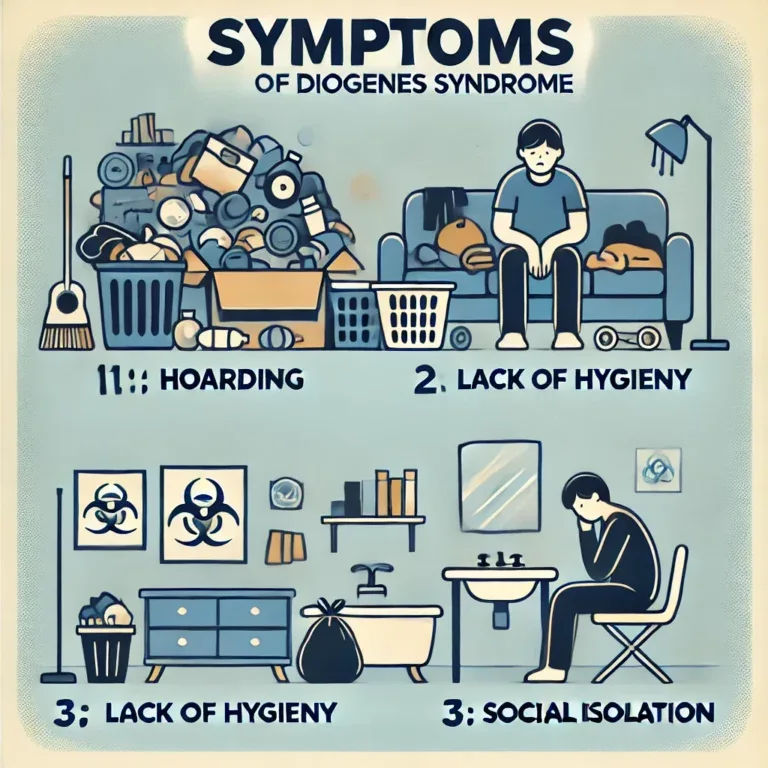 Infographie présentant les symptômes du syndrome de Diogène, y compris l'accumulation excessive, le manque d'hygiène et l'isolement social.