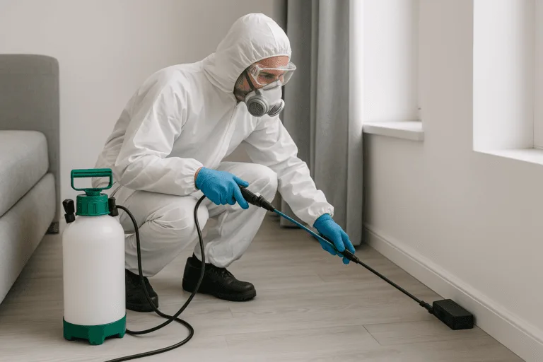Technicien en combinaison de protection posant des appâts contre les rats dans un appartement à Dinard