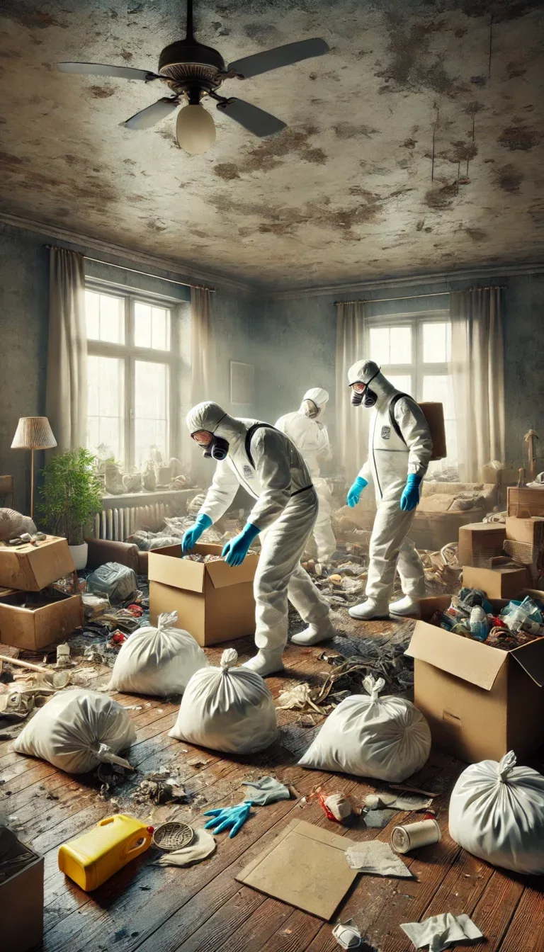 llustration réaliste d'une équipe de nettoyage professionnelle en tenue de protection, triant et enlevant les déchets d'un appartement encombré.