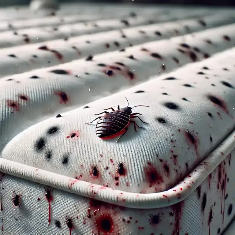 Gros plan sur un matelas montrant des taches de sang et des points noirs, signes d'une infestation de punaises de lit.