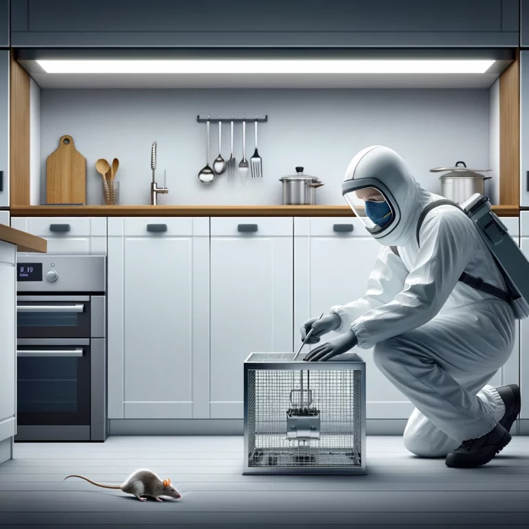 Un technicien place un piège à rats sécurisé dans une cuisine pour attraper des rongeurs.