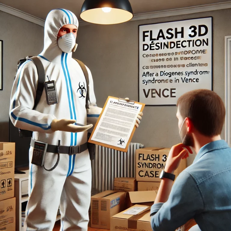 Un technicien de Flash 3D Désinfection présente un devis à un client pour un nettoyage après Diogène dans un appartement à Vence.