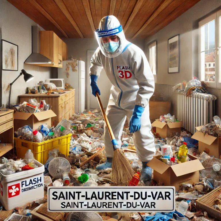 Technicien nettoyant un appartement après syndrome de Diogène à Saint-Laurent-du-Var.