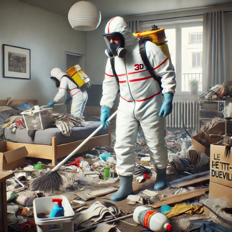 Technicien nettoyant un appartement après syndrome de Diogène à Le Petit-Quevilly.