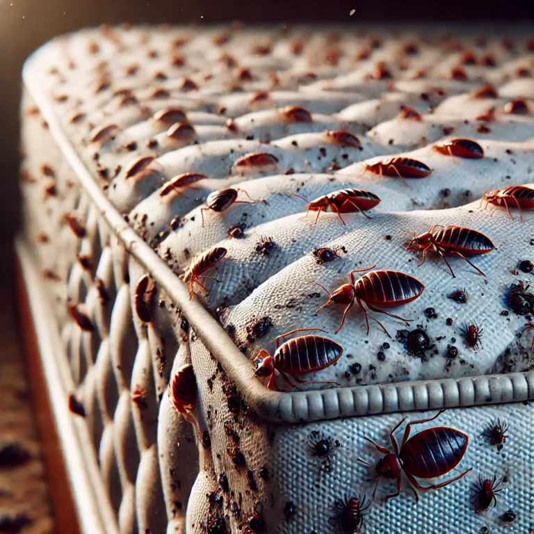 Infestation sévère de punaises de lit sur un matelas, avec un focus sur les insectes dans les coutures.