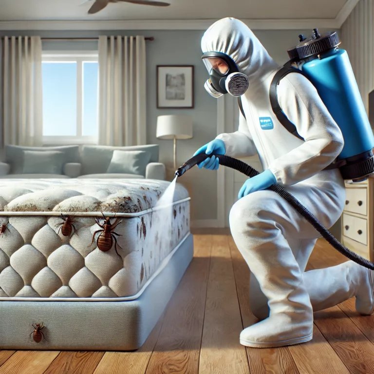 Technicien de Flash 3D Désinfection appliquant un traitement professionnel contre les punaises de lit sur un matelas infesté.