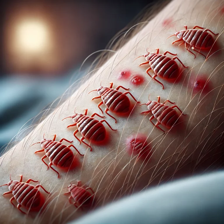 Piqûres de punaises de lit sur le bras d'une personne, montrant une série de boutons rouges.