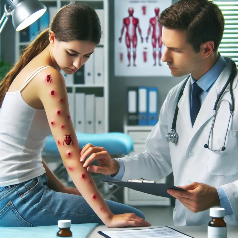 Personne consultant un médecin pour une réaction cutanée due à des piqûres de punaises de lit.