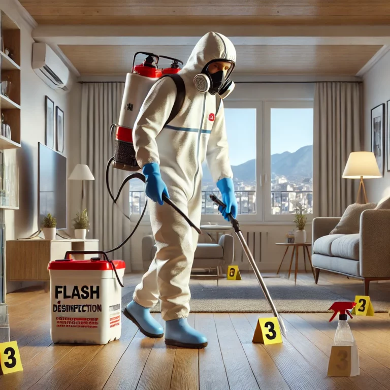 Technicien de Flash 3D Désinfection en train de nettoyer et désinfecter une scène de crime dans un appartement des Alpes-Maritimes.