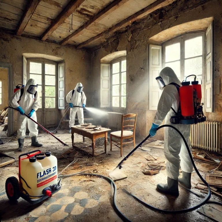 Techniciens en combinaisons de protection désinfectant une maison abandonnée, avec des équipements de nettoyage et des rayons de soleil entrant par des fenêtres brisées.