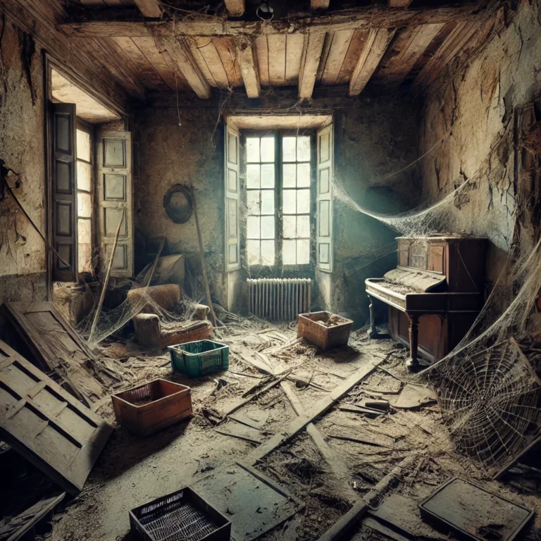 Maison délabrée à l'intérieur, avec des surfaces poussiéreuses, des meubles cassés et des fenêtres fissurées, illustrant l'abandon et la nécessité d'une restauration complète.