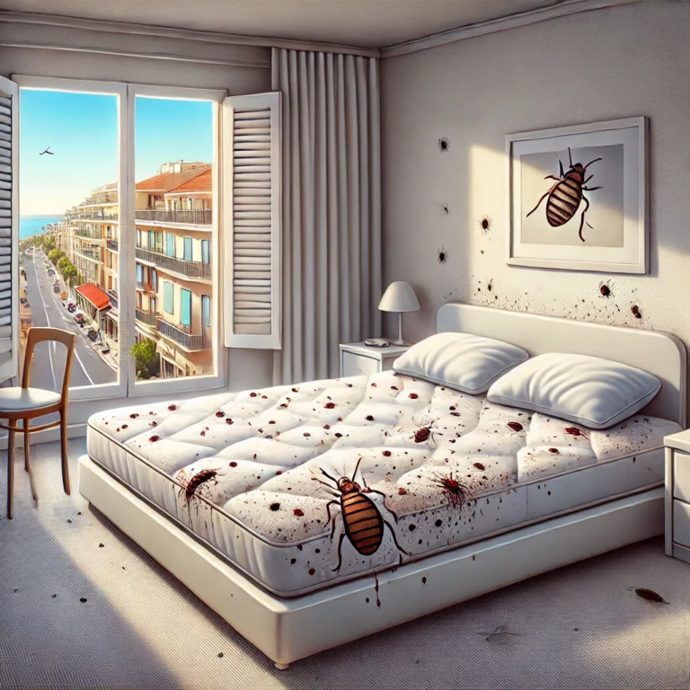 Infestation de Punaises de Lit dans un Appartement à Nice - Signes Visibles de Piqûres et de Traces sur le Matelas