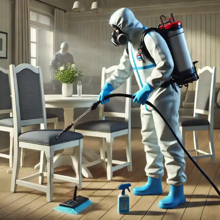 Un technicien nettoie et désinfecte des meubles contaminés après un décès.