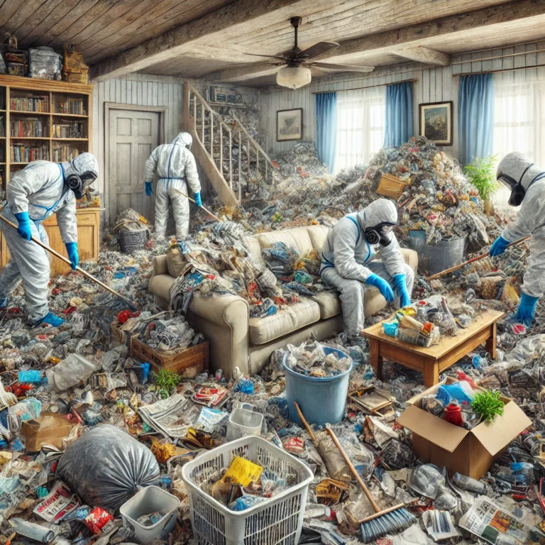 Nettoyage extrême dans une maison encombrée de déchets.