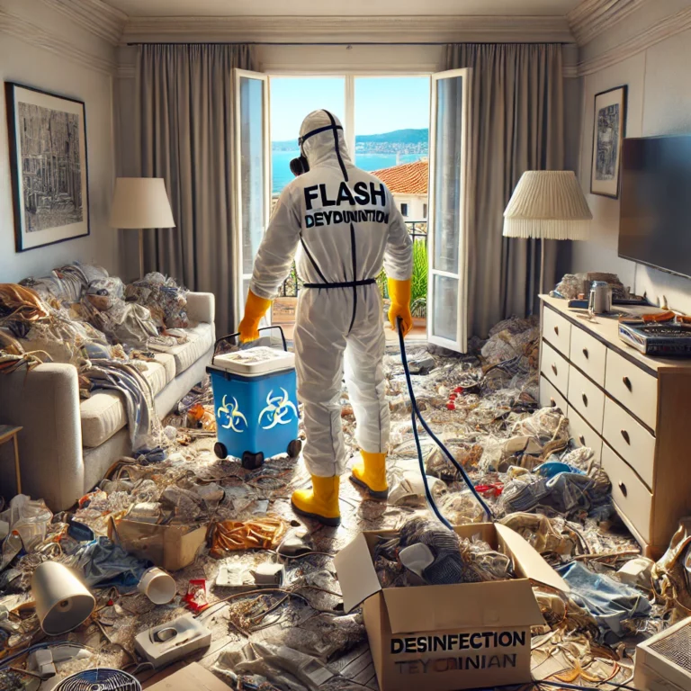 Technicien nettoyant un appartement après syndrome de Diogène à Cannes.