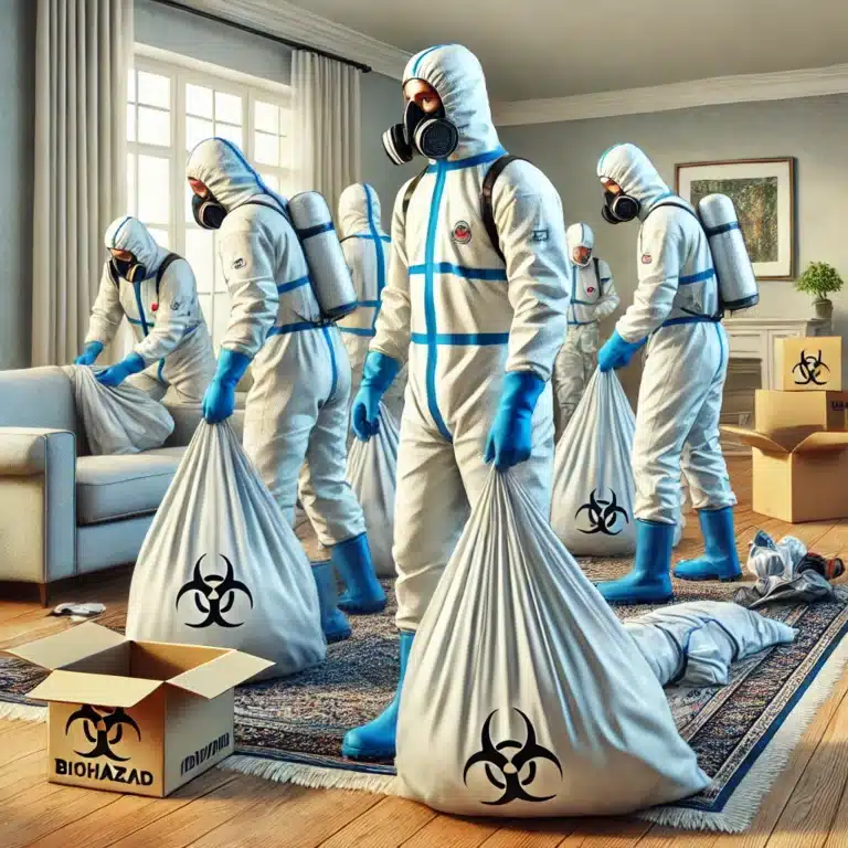 Des techniciens en équipement de protection retirent et éliminent des matériaux contaminés d'une maison après un décès.